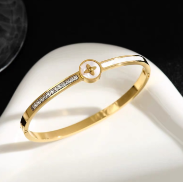 Half Square Rhinestone Shell Flower Titanium Bangle