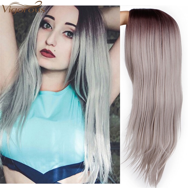 Vigorous Ombre Gray Long Silky Straight Middle Part Wigs Middle Part Synthetic Wig Heat Resistant Fiber Wig For Women