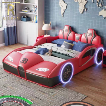Red Blue White Leather Kids Car Shape Bed for Boys