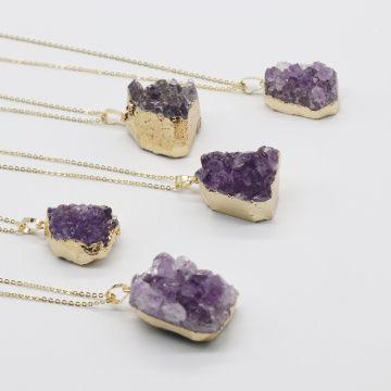 Natural Amethyst Cluster Pendant Healing Crystal Cluster Necklace Raw Gilded Edge Geode Decor Handmade Purple Crystal H
