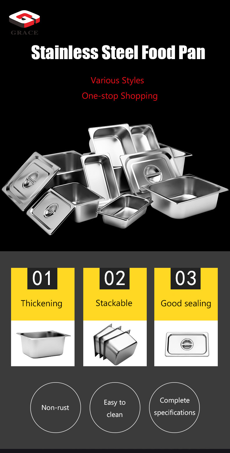 GRACE 304 Food Grade Square pots GN Pan Kitchen 1/9 1/6 1/4 1/3 Containers Lid 0.7mm Food pan Chafing Buffet Gastronorm Pan