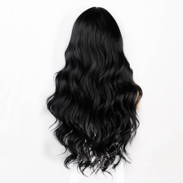 Heat Resistant Private Label Middle Part Synthetic Blend lace Long Body Wavy Mono Black Wig Women Cosplay Fiber Curly Wig