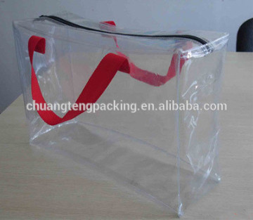Clear pvc see through bags with zipper and pvc tote bag handles on top
