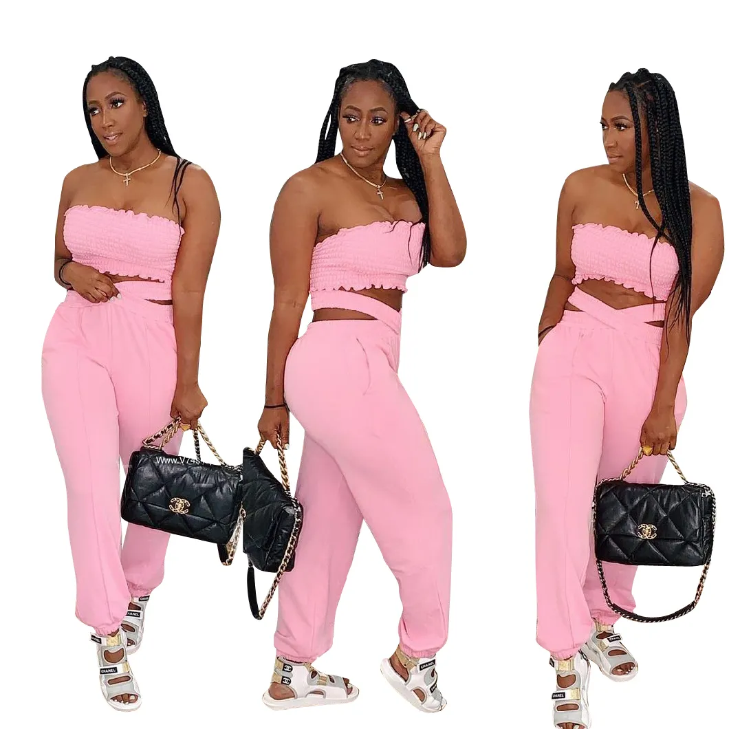 L285309 Summer Casual Women's Clothing 2-Piece Set Fashion Sexy Tube Top and Cross Trousers with Pockets