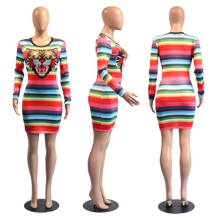 C4491 Casual lady round neck multi colour striped tiger head long sleeve dress