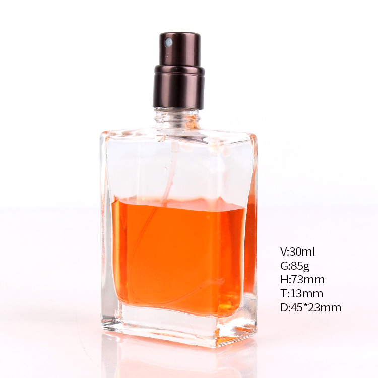 30ml Transparent square fragrance glass perfume bottle with pump sprayer