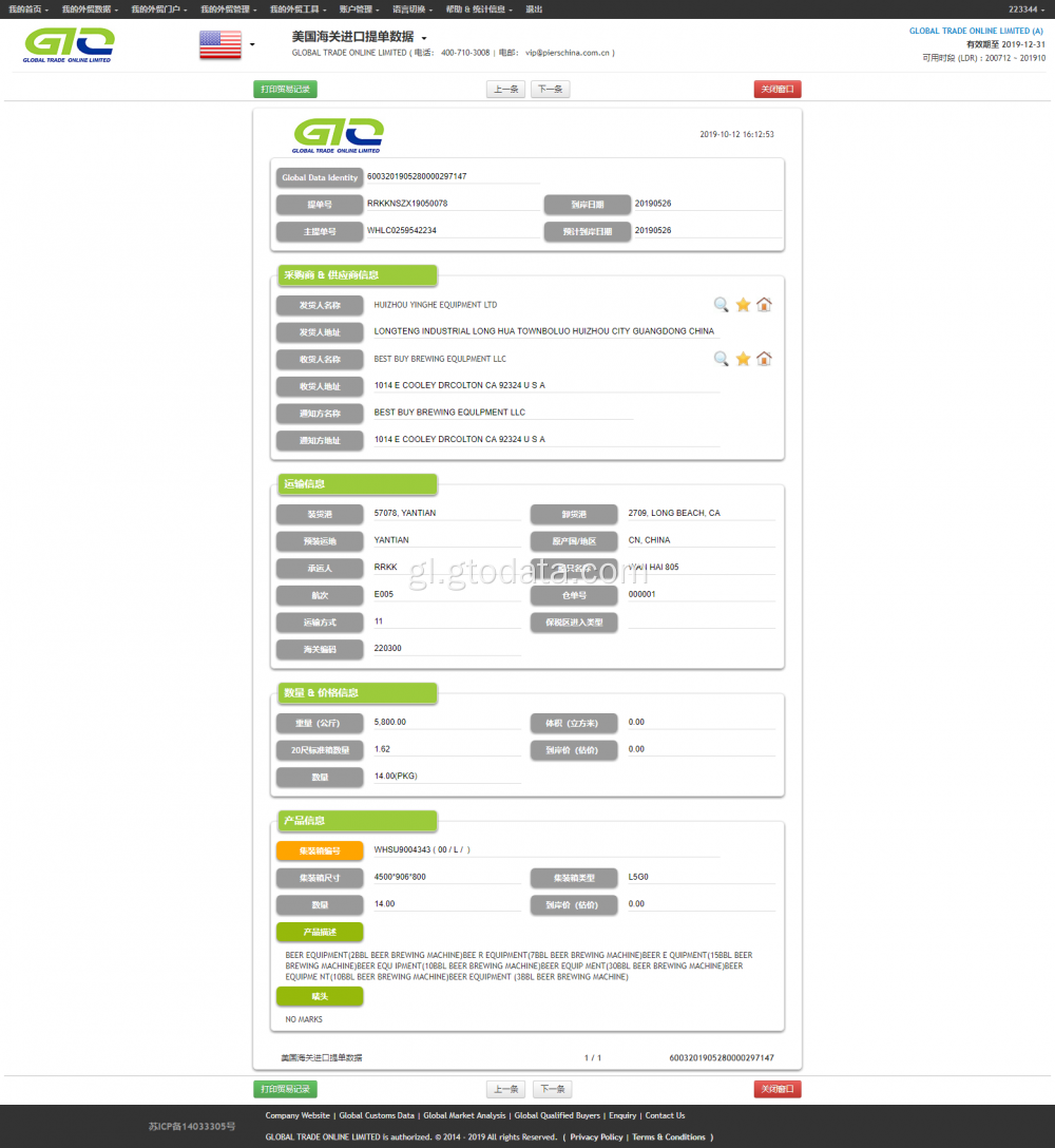 Datos de importación de cervexa EUA