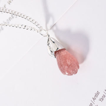 S925 Silver Natural Strawberry Crystal Magnolia Pendants