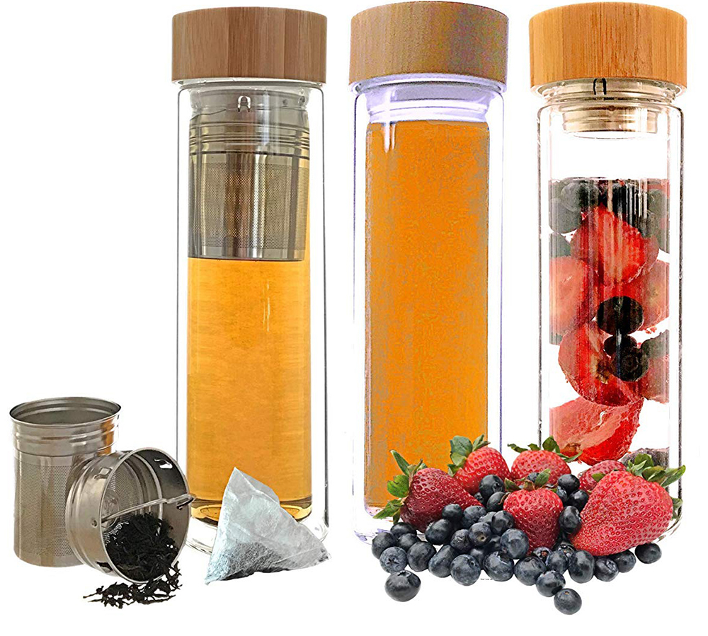 400ml Glass Bamboo Flavor loose tea and fruit infuser water bottle