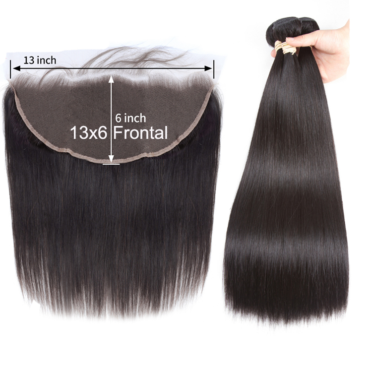 Deals 13x6 Lace Frontal Closure With 3 Straight Hair Bundles, Pre Plucked Remy Brazilian Human Hair Bundles With 13*6 Frontal