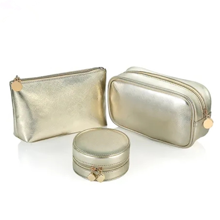 Eco Friendly Gold Faux Leather Beauty Makeup Waterproof Cosmetic Bag Set with Zipper