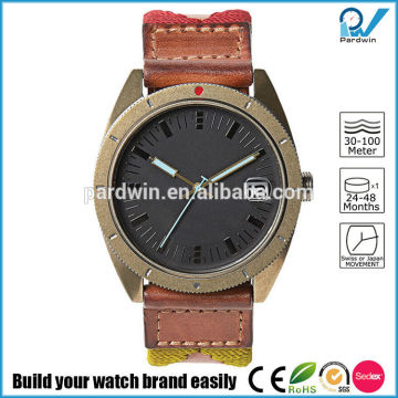 luxury red mounting electro-plating sand polishing watch stainless steel case with leather or nylon strap watch