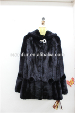 Black Mink Fur Overcoat with Cap Real Mink Fur Coat