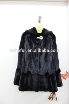 Black Mink Fur Overcoat with Cap Real Mink Fur Coat