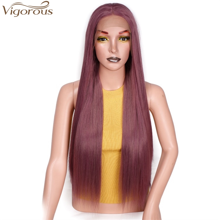 Vigorous Lace Frontal Wigs Long Silky Straight Burgundy Wigs Middle Part Synthetic Wigs For Women Wholesale Heat Resistant Fiber