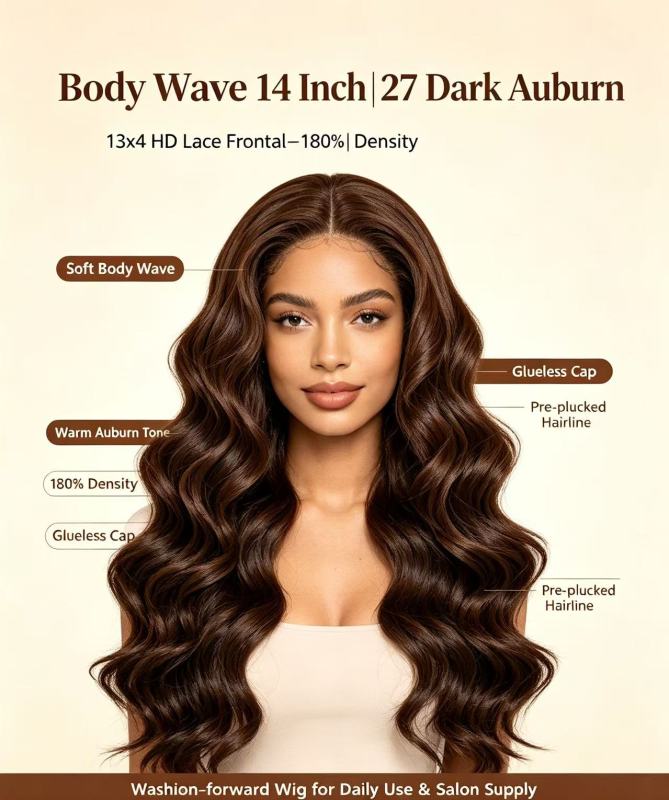 14 Inch 13x4 HD Lace Frontal Body Wave 180% Density 27 Dark Auburn Human Hair Wig