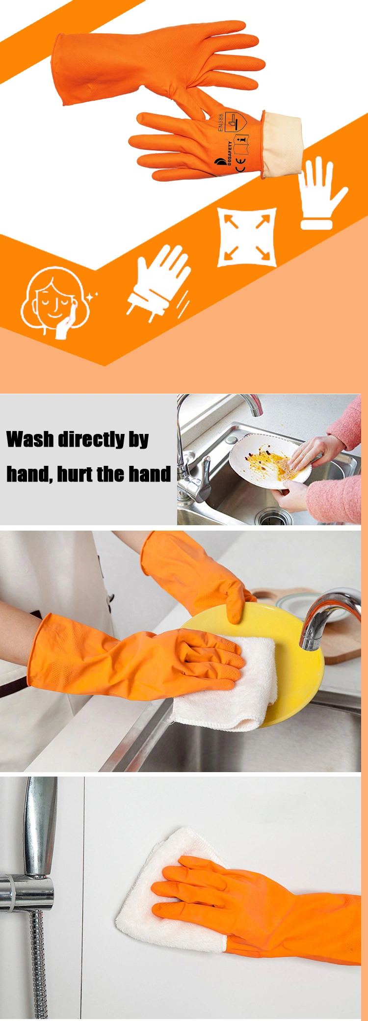 Orange Latex Household Cleaning with Long Cuff Working Labor Gloves