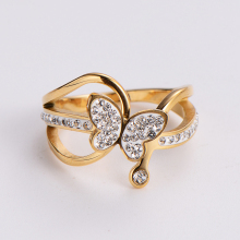316 Stainless Steel 14K Gold Plated Crystal Butterfly Ring for Women