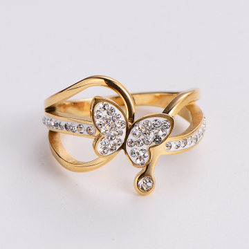 316 Stainless Steel 14K Gold Plated Crystal Butterfly Ring for Women