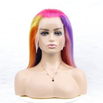 New Fashion Rainbow Color Transparent Lace Full Frontal Wig Colorful Seven Colors Ombre HD Lace Front Wig