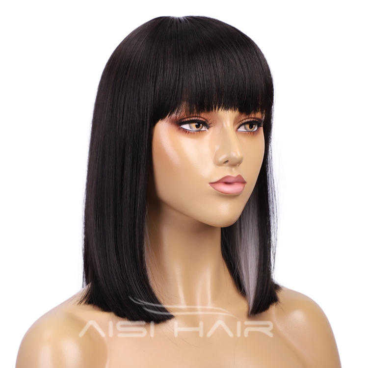 Hot sell Black White Natural Straight Hair Wigs for Black Women Synthetic Wigs with Bang Middle Part Heat Resistant Wig