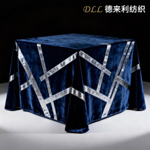 Navy Blue Velvet Tablecloth with Silver Geometric Lines