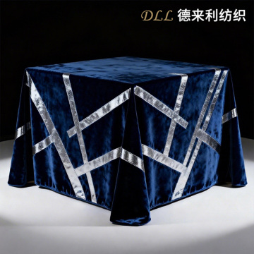 Navy Blue Velvet Tablecloth with Silver Geometric Lines