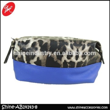 Blue PU Leopard Patchwork Cosmetic Bag