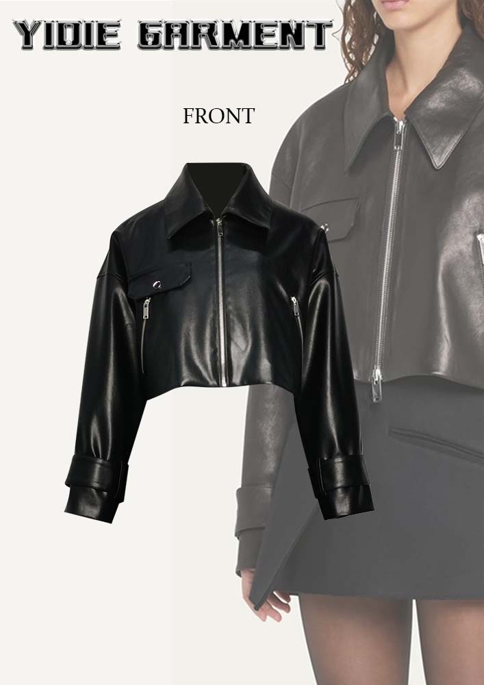 Women Cropped Fake Pu Leather Jacket