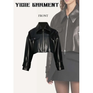 Long Sleeves Spliced Fake PU Leather Cropped Jackets