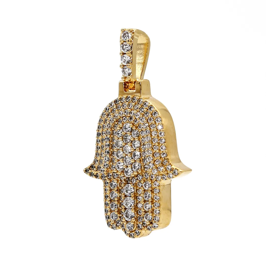 Hamsa Hand Iced Diamond Pendant Men's 14K Yellow Gold/CZ Pendant