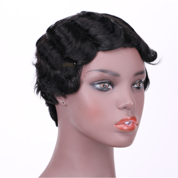 Short curly human hair wig mommy wig finger wave natural black