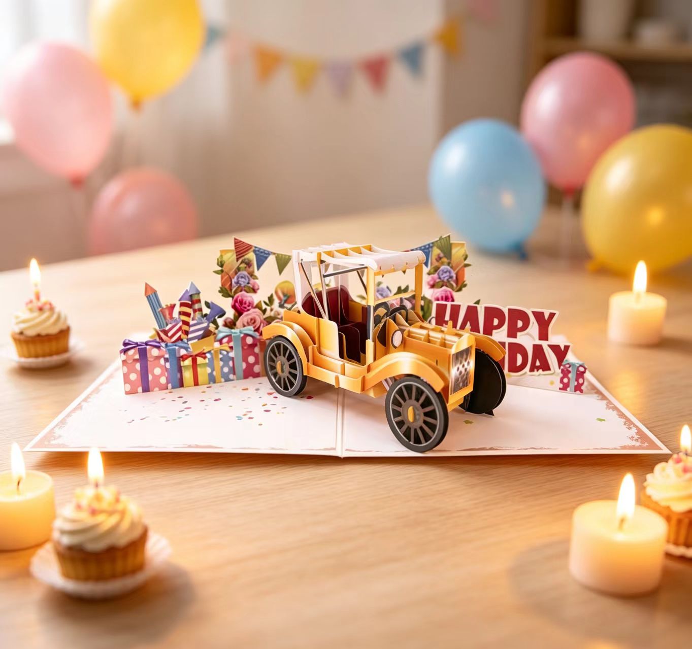 Wyskakująca kartka z życzeniami z okazji urodzin samochodu Happy birthday car pop up greeting card