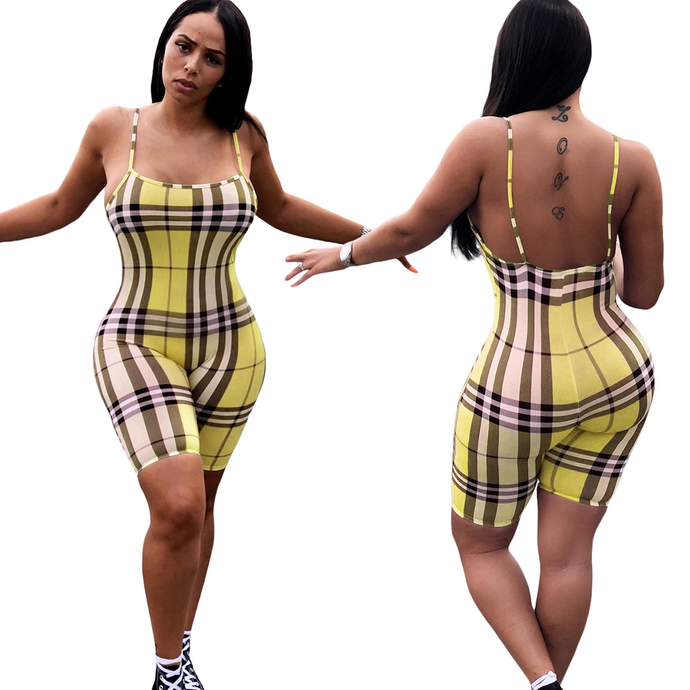 Newest Fashion Sexy Jumpsuit Fr Ladies Bodycon Stretchy Onesie Shorts Sexy Rompers Adult Plaid Jumpsuits for Women