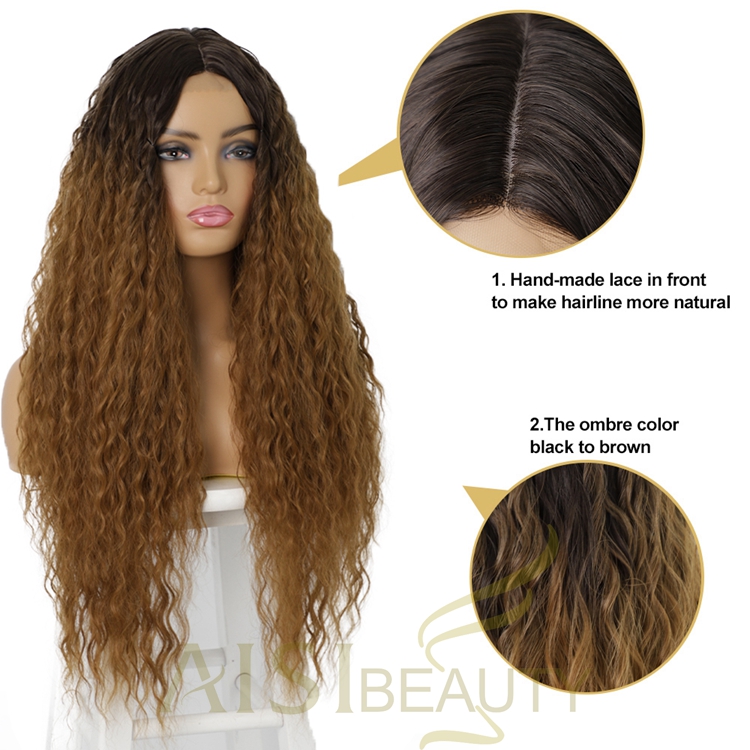 Good Quality Cheap Price Natural Hairline Swiss Lace Ombre Black Brown Long Fiber Kinky Curly Synthetic Hair Wigs