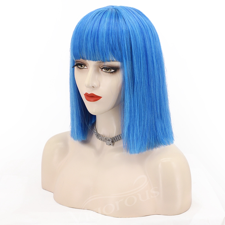 Cheap Wholesale Short Bob Wig With Bangs Mono Blue Bob Wig Heat Resistant Synthetic Straight Wave Full Head Hair Wig For Women