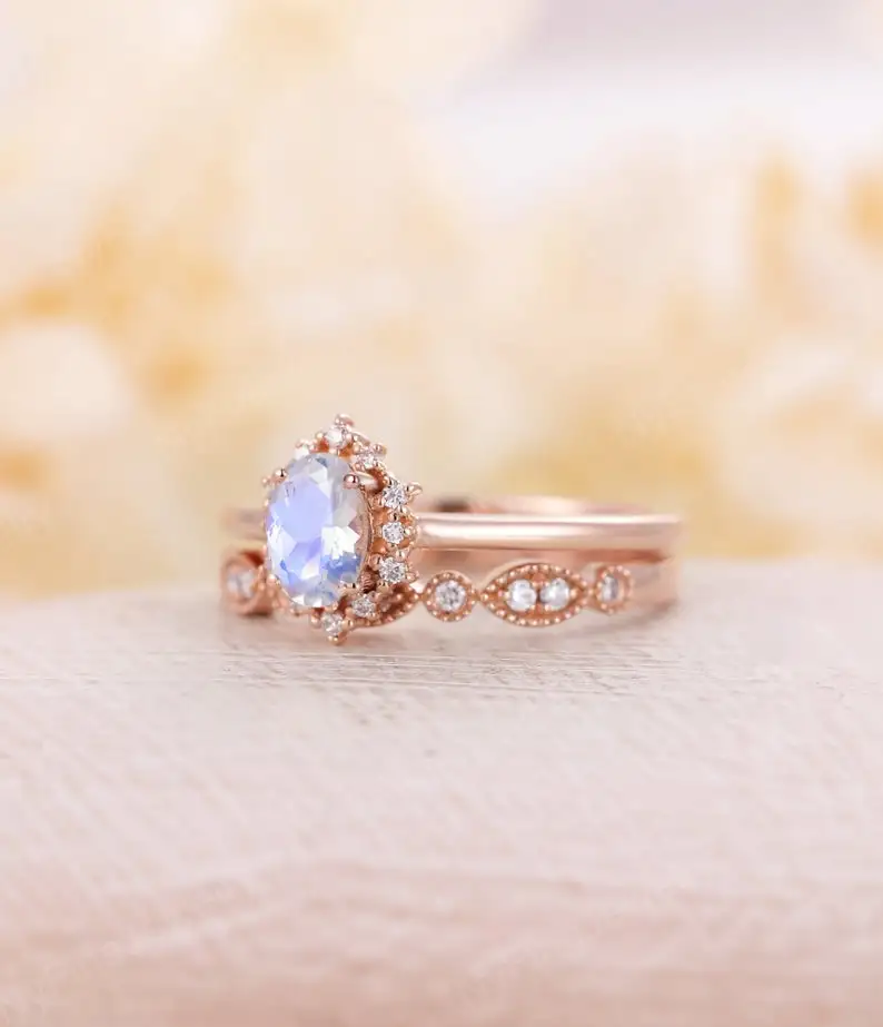 925 Sterling Silver Jewelry Blue Natural Moonstone Ring Set