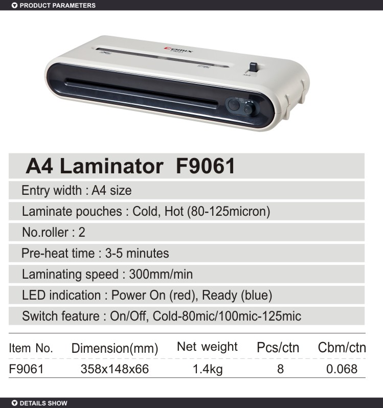 Comix high quality office use a4 pouch 2 rollers table laminator