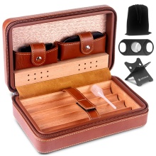Cedar Wood Cigar Humidor: A Premium Leather Case for Secure Storage and Humidification of 4 Cigars
