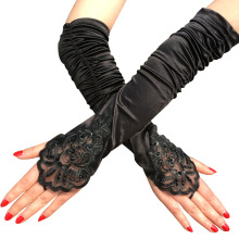 Black Beaded Embroidery Satin Fingerless Gloves for Women