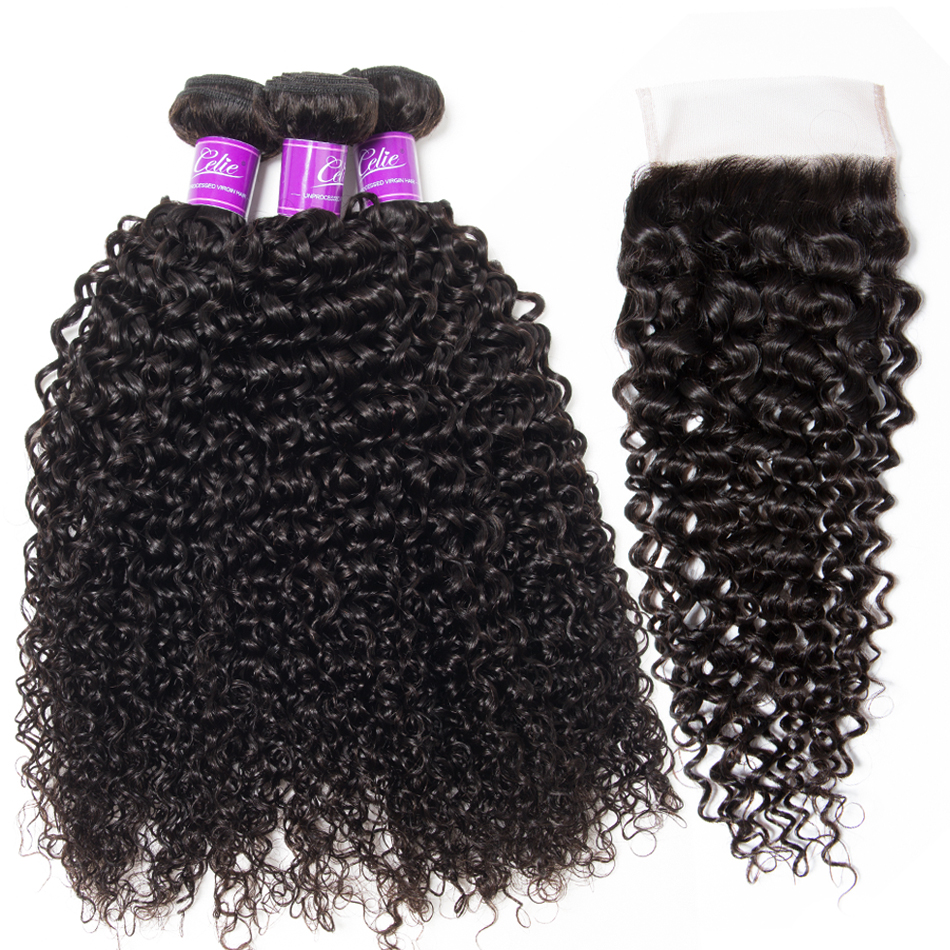 CELIE Unprocessed Brazilian Kinky Curly Hair Weaves with Frontal Closure Good Quality Cheap Hair Bundles with Closure