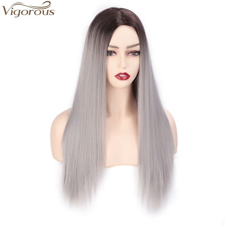 Vigorous Ombre Gray Long Silky Straight Middle Part Wigs Middle Part Synthetic Wig Heat Resistant Fiber Wig For Women