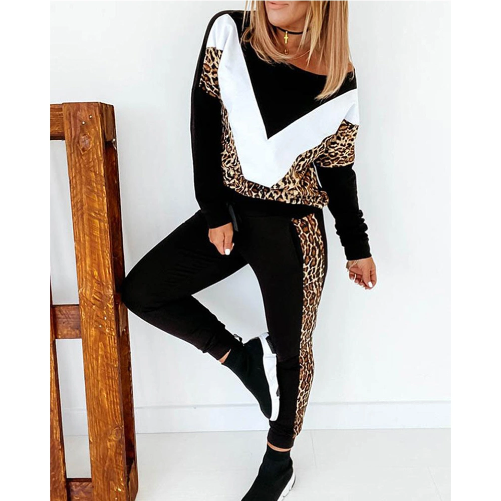 2021 New Arrival Womens Spring Casual Loose Leopard Print Outfit Stitching 2 Piece Pants Sets