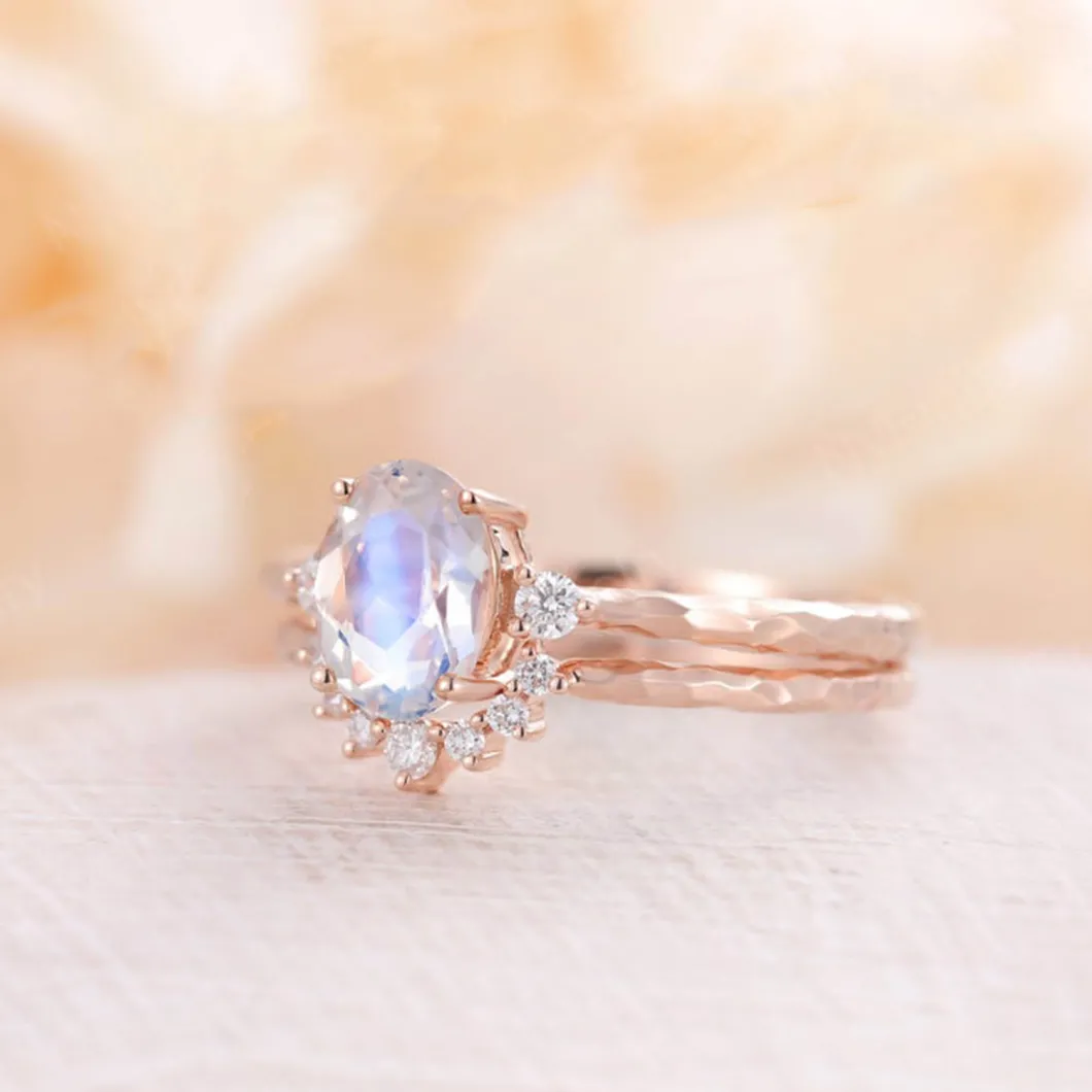 Rose Gold Plating 925 Sterling Silver Oval Cut Stacking Moonstone Couple Rings