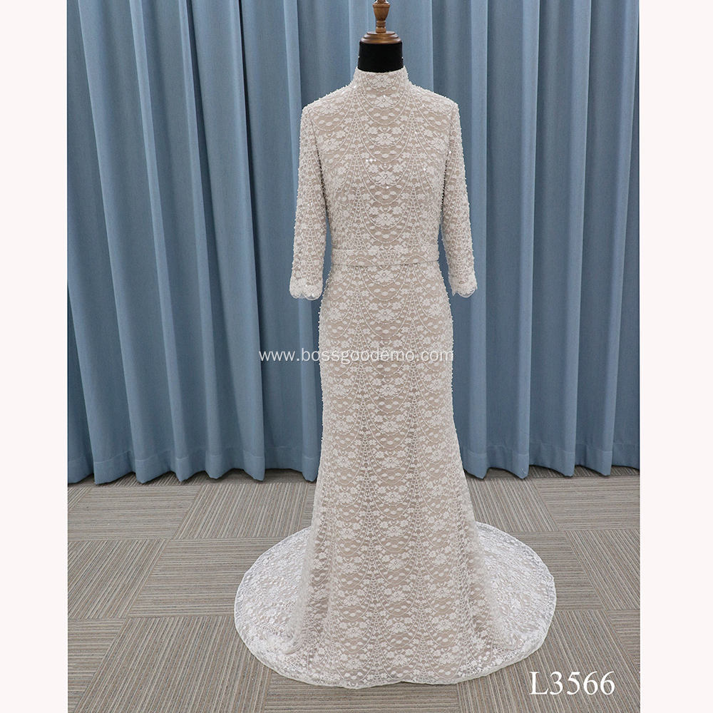 Customized simple style satin embroidery long train white mermaid style wedding dress gown bridal