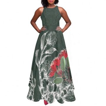 White Pohutukawa Print Polynesia Maxi Dress