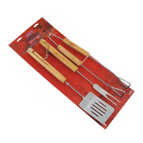 Conjunto de ferramentas para churrasqueira com cabo de madeira 3 unidades