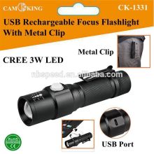 High Power LED Rechargeable Zoom Flashlight,USB Rechargeable Flashlight,1x18650 rechargeable flashlight with Pocket Clip
