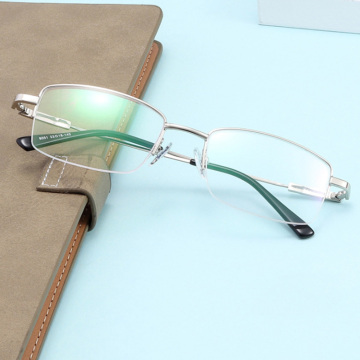 Men's Memory Titanium Optical Glasses Frame - Half Metal Frame with Flat Mirror Lens