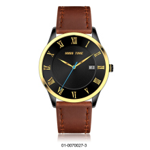 big strap leather stainless steel black quartz watch